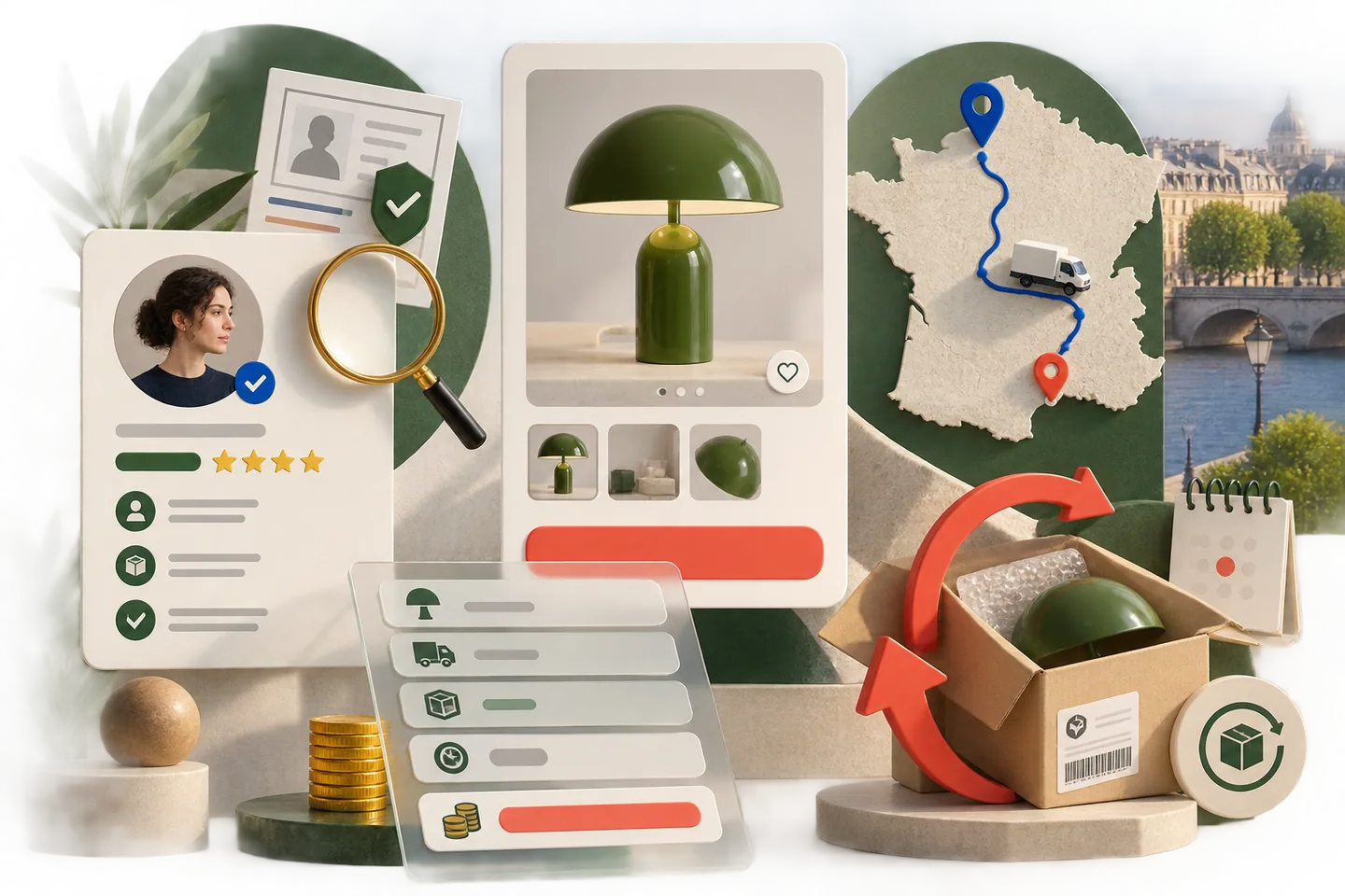 Illustration des vérifications vendeur, prix, livraison et retours
