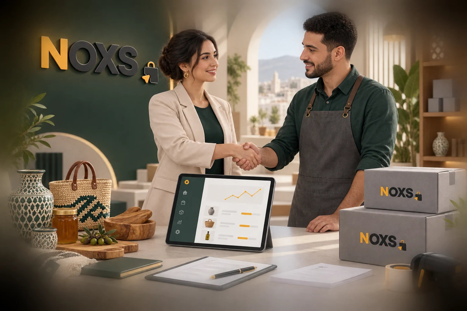 Une représentante NOXS et un vendeur algérien partenaires autour de produits locaux, d’un tableau de bord et de cartons gris portant le logo NOXS