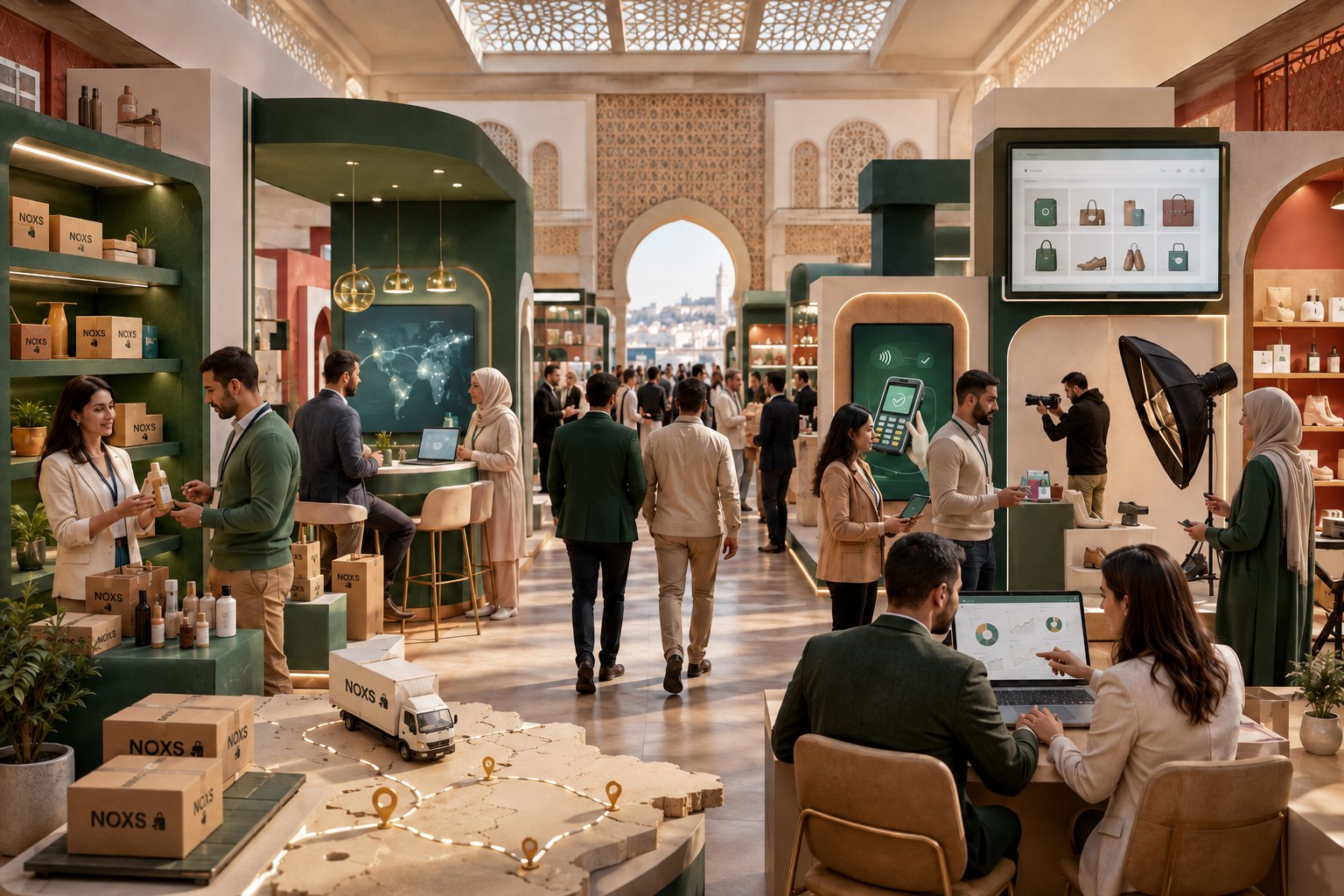 Illustration éditoriale d’un salon professionnel consacré au sourcing et au commerce électronique à Alger