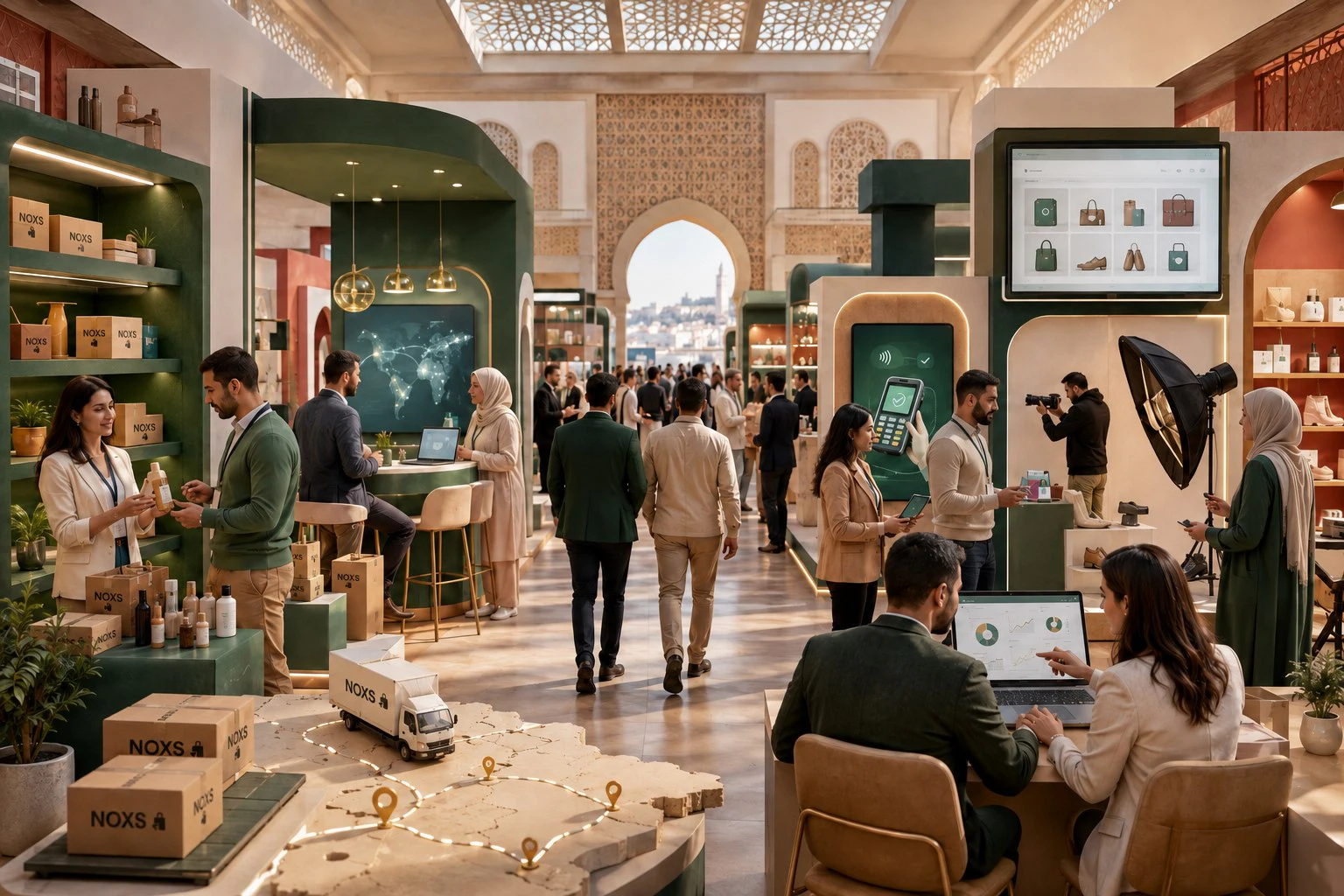 Illustration éditoriale d’un salon professionnel consacré au sourcing et au commerce électronique à Alger