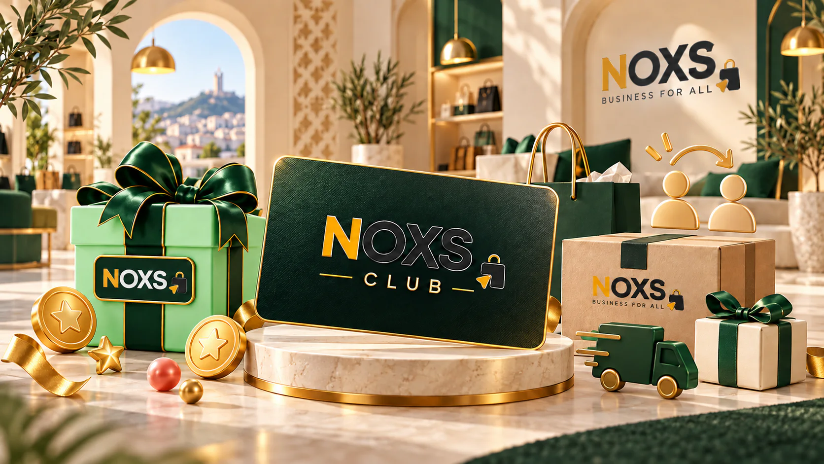 Carte NOXS Club dans un univers premium avec cadeaux, colis NOXS, points fidélité et parrainage