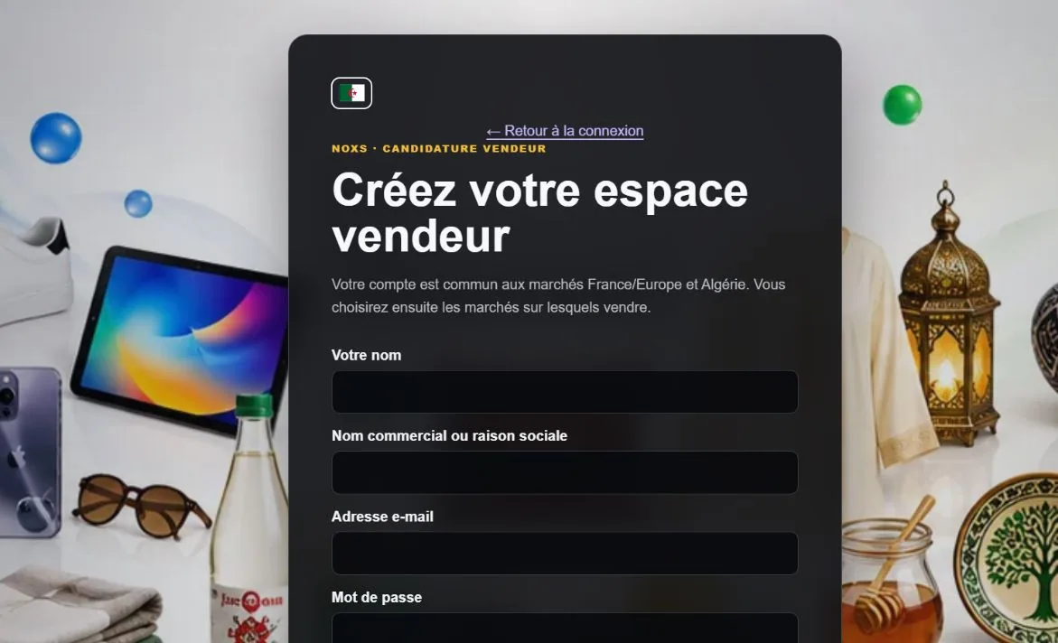 Écran officiel de création d’un compte vendeur NOXS avec les champs nom, entreprise, e-mail et mot de passe