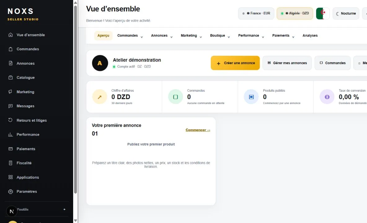 Tableau de bord NOXS Seller Studio avec les raccourcis catalogue, commandes et messages