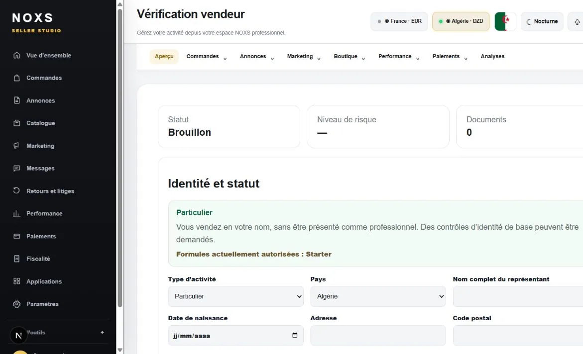 Interface NOXS de vérification vendeur avec le statut du dossier et les champs d’identité