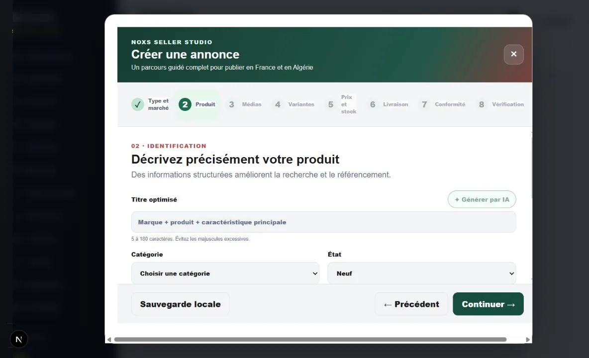 Assistant NOXS de création d’annonce à l’étape du titre, de la catégorie, de l’état et de la description