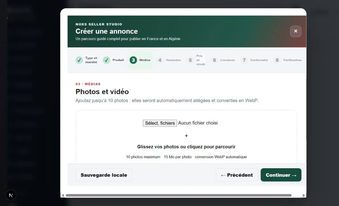 Étape Médias de l’assistant vendeur NOXS pour importer et organiser les photos du produit