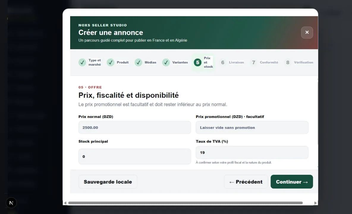 Écran Seller Studio pour saisir le prix en dinars, le stock et le seuil de stock faible