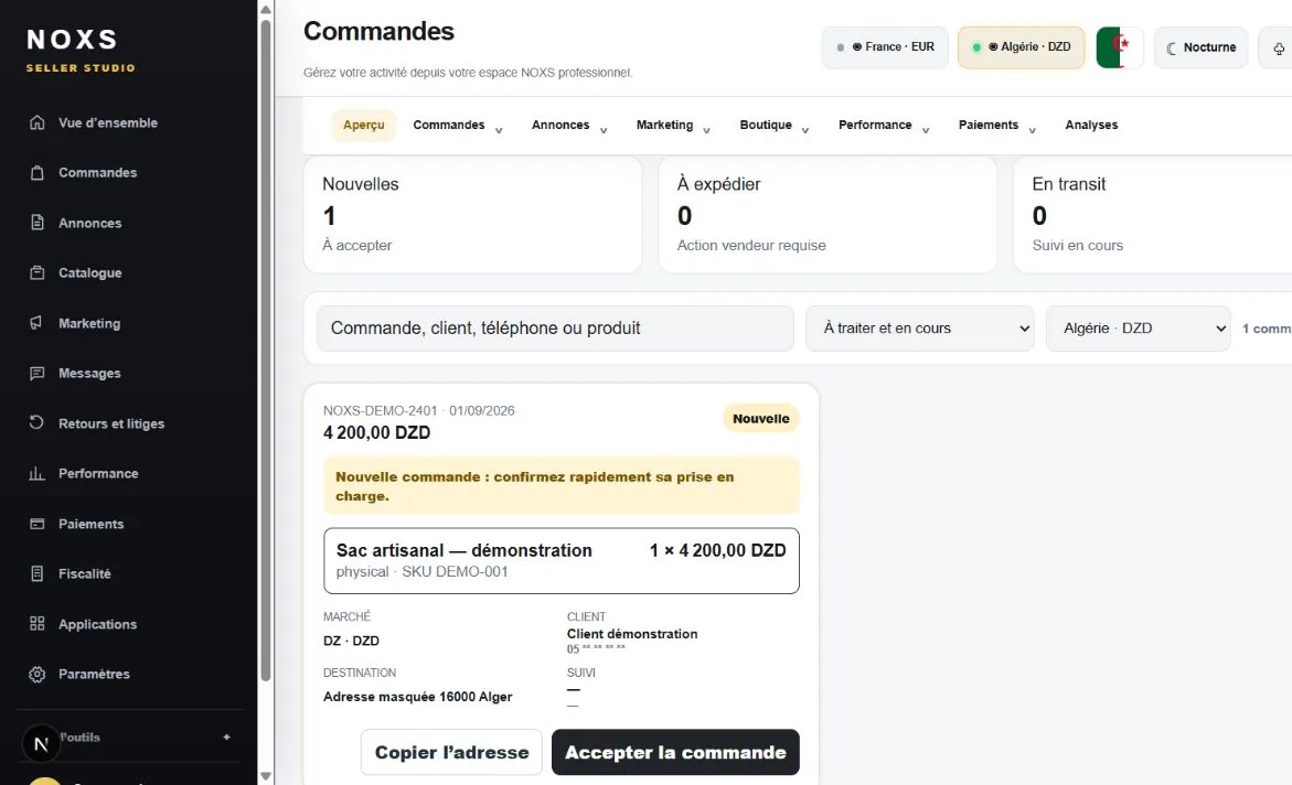 Gestion d’une commande de démonstration dans NOXS Seller Studio avec les actions accepter et copier l’adresse