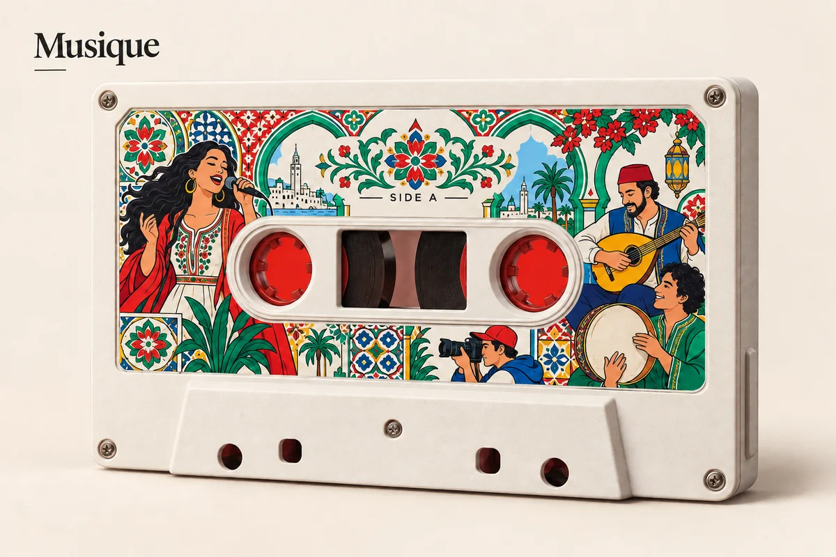 Cassette illustrée de musiciens et de motifs floraux algériens